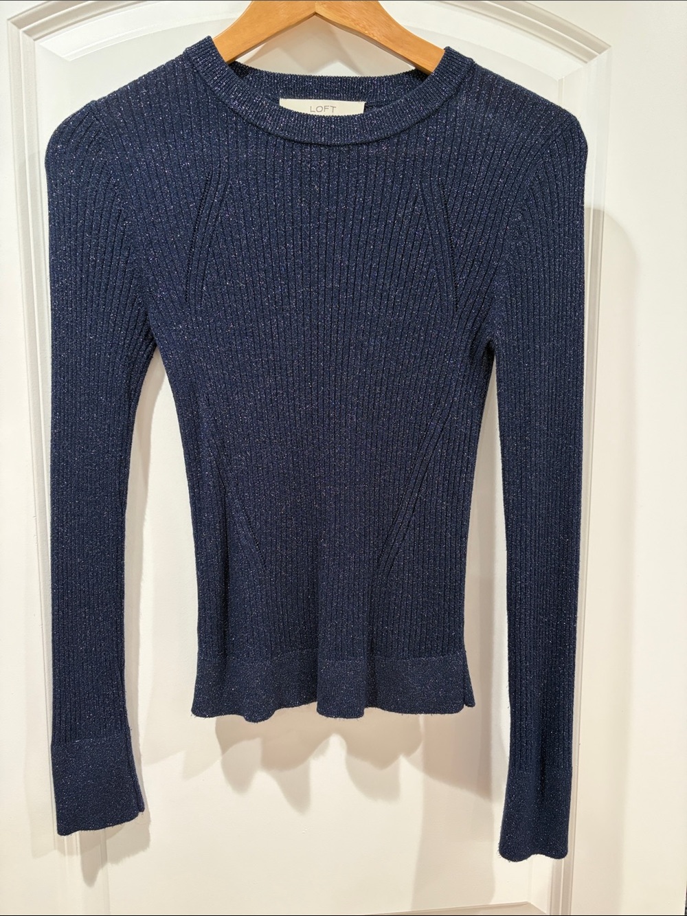 LOFT Navy Metallic Ribbed Long-Sleeve Top